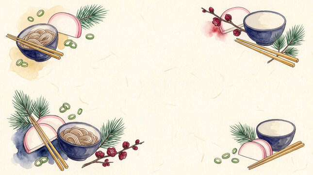 Hand drawn toshikoshi soba corner border with copy space in the middle