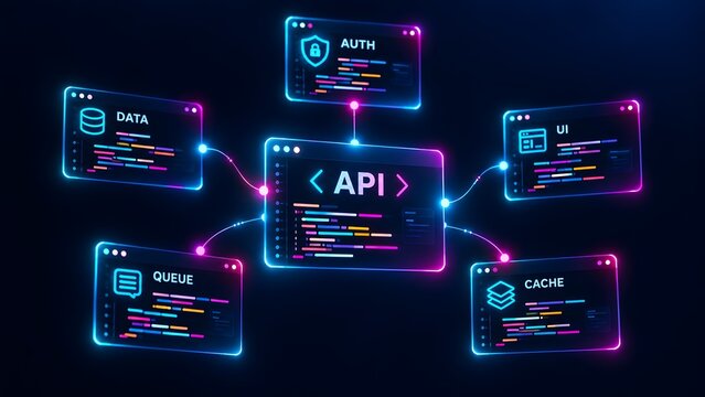 Glowing neon API architecture diagram with interconnected nodes for data, authentication, UI, queue, and cache in modern software development.