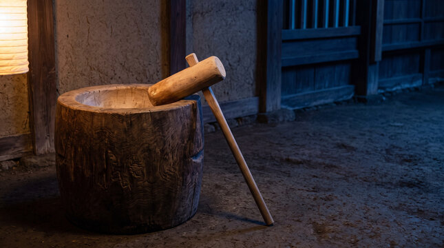 Wooden mortar and mallet for pounding rice cake in an old farmhouse