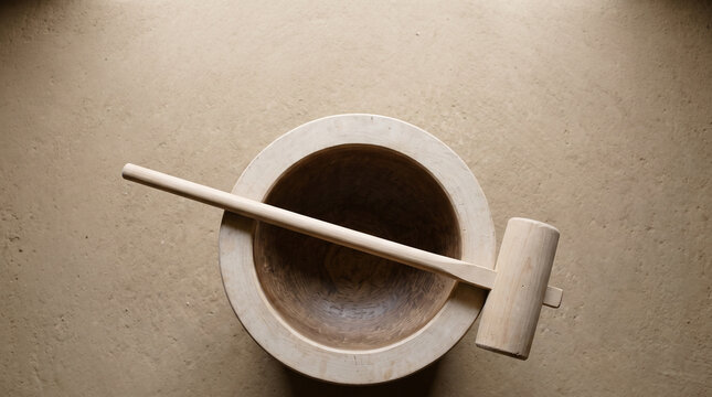 Overhead view of a wooden rice cake mortar with a mallet across it