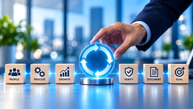 Business process and workflow concept with hand touching a glowing cycle icon connected to goal and growth blocks