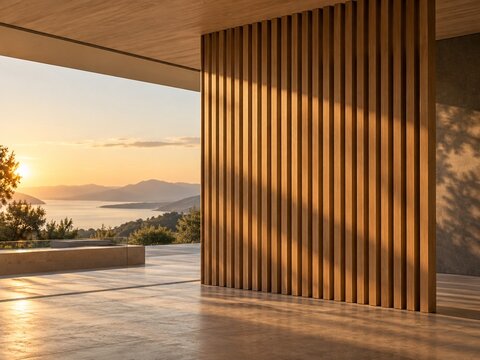 Timber slatted partition wall in golden hour light background