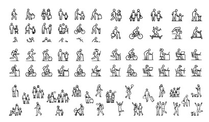 Obraz premium Everyday People Outline Icons Set for Lifestyle Activities Family Shopping and Social Interaction
