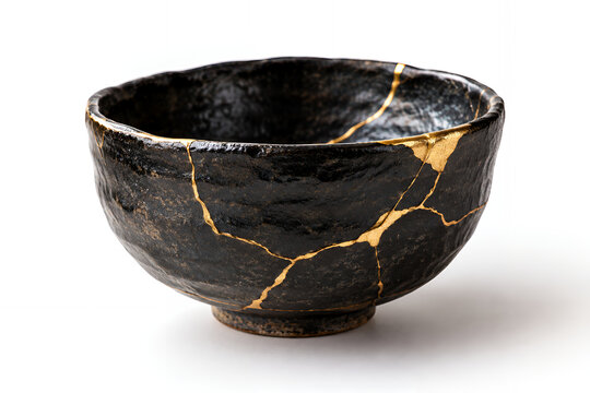 金継ぎで美しく修復された黒い日本の陶器の茶碗