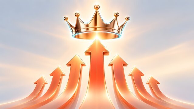 Golden upward arrows converging towards a glowing crown in the sky representing business leadership victory and ultimate success