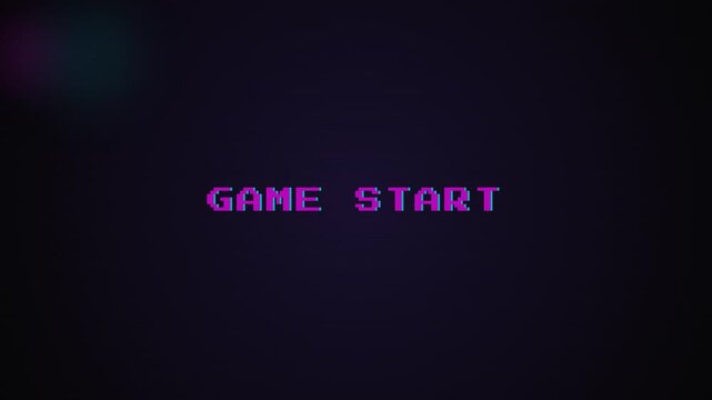 Retro 8 Bit Arcade Screen Featuring a Glitchy Pixelated Game Start Text with Loading Elements. 4K Video