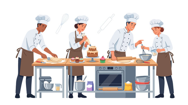 Diverse team of chefs in professional kitchen making cake and pastries, baking class concept