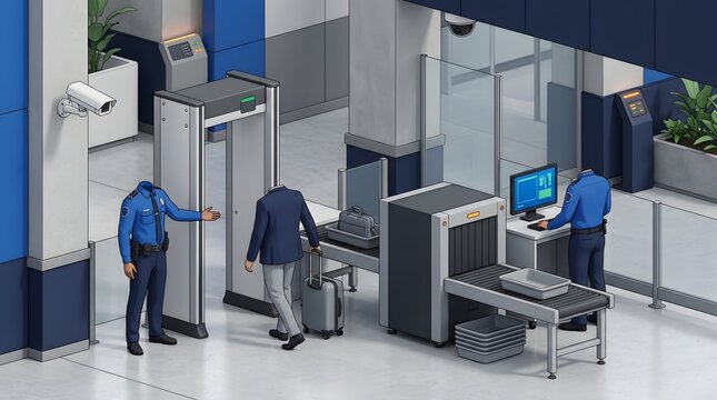Airport security checkpoint with metal detector x ray scanner and security officers checking passengers and luggage for safe travel.