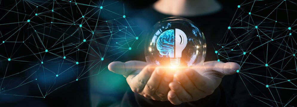 Artificial intelligence concept with human hands holding a glowing light bulb and digital brain for future tech