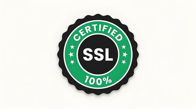 Certified SSL security badge emblem with 100 assurance and stars representing secure online transactions and data protection for websites