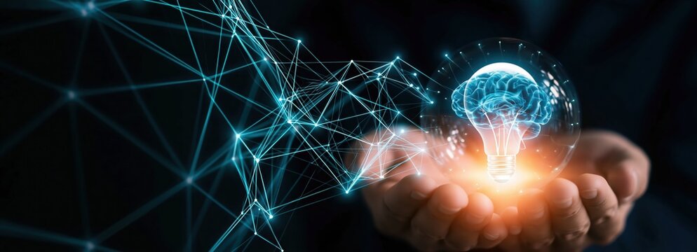 Artificial intelligence concept with glowing digital lightbulb and data network representing future mind innovation
