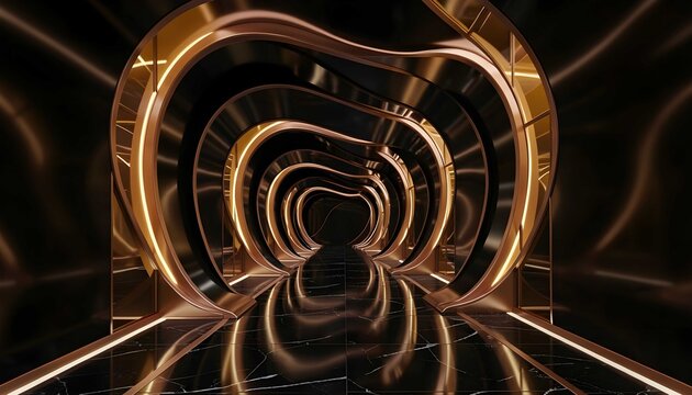 Elegant black marble hallway with curved bronze arches
