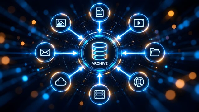 Futuristic data archive concept with digital light beams flowing into a central database representing secure network information storage and cloud backup