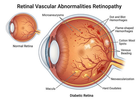 Diabetic retinopathy vascular abnormalities in the retina isolated on white background