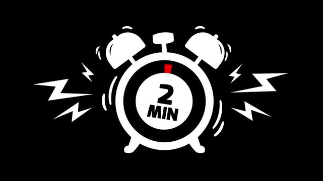 2 min clock icon animation on black background. Timer 2 minutes countdown with alarm clock animation. alarm Clock with 2 minute and circular arrows timer animation. 2 minute timer animation.