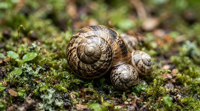 A large garden snail tenderly shelters smaller juveniles, a miniature family portrait amidst lush, vibrant green moss, highlighting nature's gentle harmony and intricate forest life