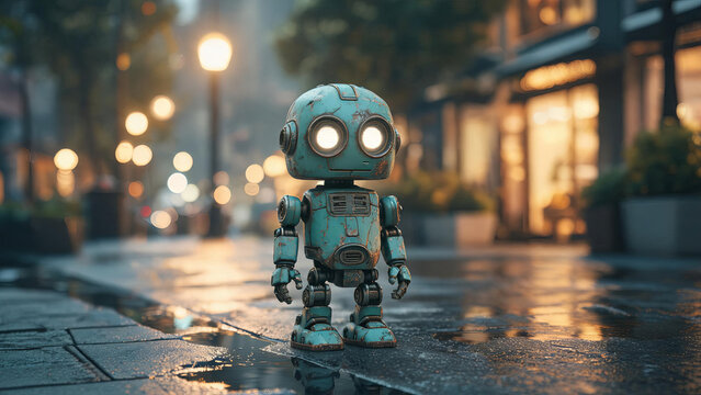 A small vintage rusty robot stands alone on a wet urban street at dusk, with blurred city lights in the background.