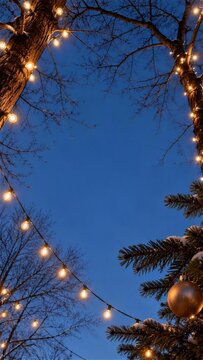 見上げた青い空をクリスマスの枝と電球が縁取る背景