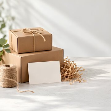 Kraft cardboard packaging boxes with twine, paper filler and blank card in natural sunlight. Minimal sustainable packaging scene for ecommerce and small business concepts.
