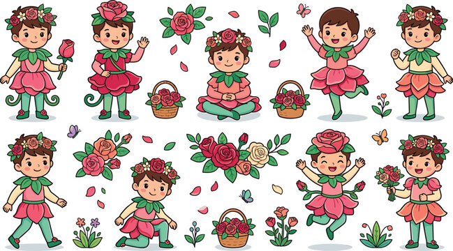 Cute rose flower fairy boy vector character mega set with pink petal costumes on white background