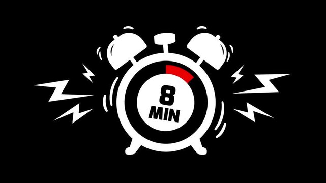 8 min clock icon animation on black background. Timer 8 minutes countdown with alarm clock animation. alarm Clock with 8 minute and circular arrows timer animation. 8 minute timer animation.