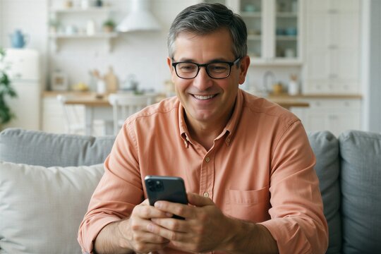 Smiling older man using a smartphone while relaxing on a couch, symbolizing active aging and tech use.