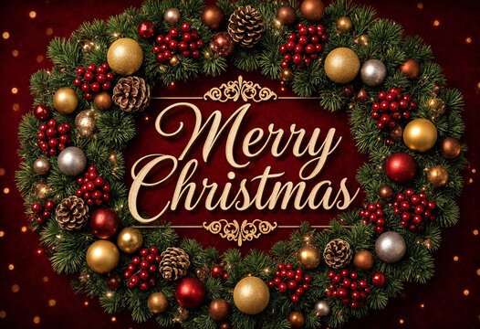 Merry Christmas decorative wreath with greenery and festive ornaments