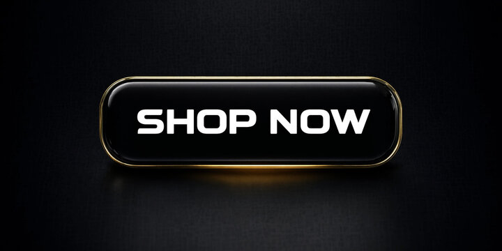 Modern glossy shop now button with illuminated border on dark reflective surface