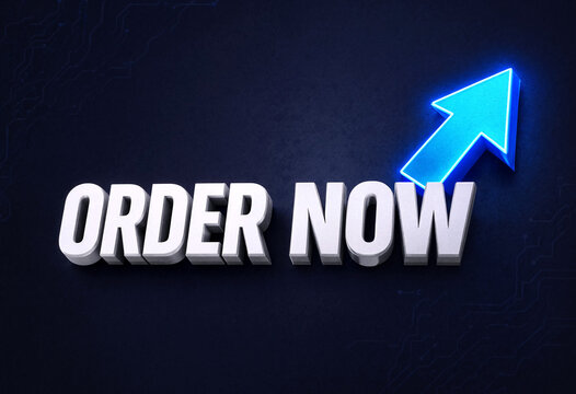 Modern illuminated sign with order now glowing arrow pointing upwards