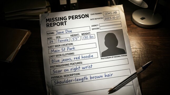 Missing Person Report on Desk with Pen Investigation Theme Missing Person Case