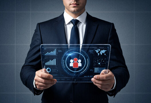 Professional man holding digital tablet displaying analytics and user icons