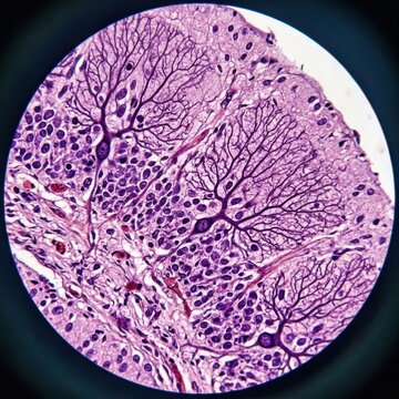 Microscopic view of Purkinje cells in the cerebellum showing dendritic branching patterns neurons histology and brain tissue