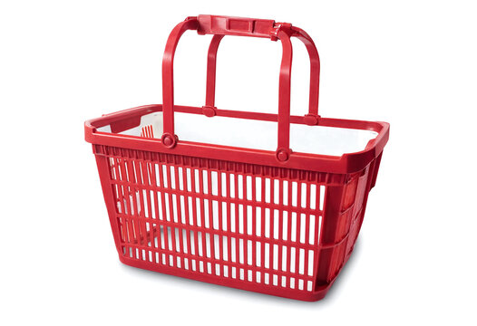 Red plastic shopping basket with sturdy handles for carrying groceries or items