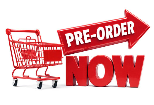 Red shopping cart with pre order now sign for online shopping promotion