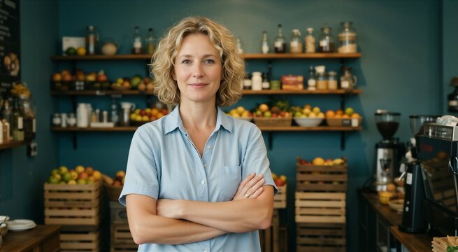 Confident coffee shop owner in a cozy small business setting, surrounded by stocked shelves and fresh produce.
