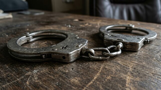 Metal Handcuffs on Textured Wooden Table Law Enforcement Justice Crime Concept