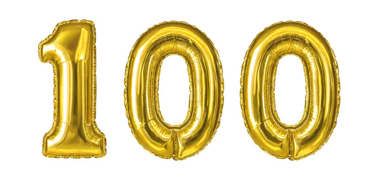 Shiny gold foil number one hundred balloons isolated background celebration