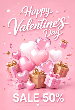 Valentines Day sale promotion with heart balloons and gift boxes