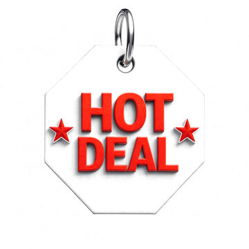 White octagonal tag displaying hot deal text with stars isolated background