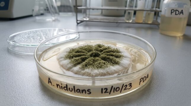 Microscopic fungal culture growing in a petri dish on PDA medium laboratory research scientific experiment
