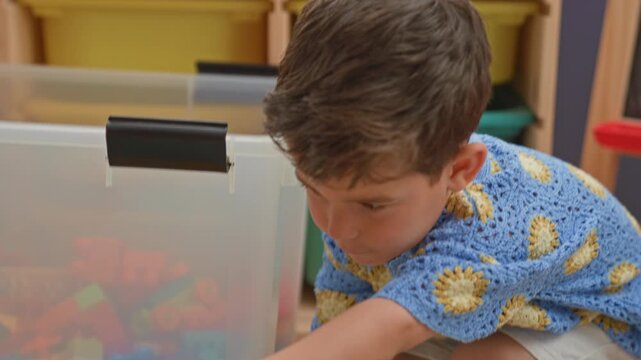Boy in blue crocheted shirt erasing a chalkboard with a green sponge near plastic storage bins in classroom; playful curiosity.