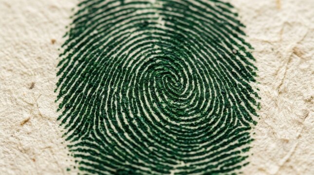 Macro close up of a unique green fingerprint pattern on textured paper identity security and individuality concept