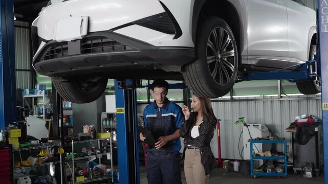 Customer rests her chin in her hand while discussing the clipboard with a mechanic under a raised electric car
