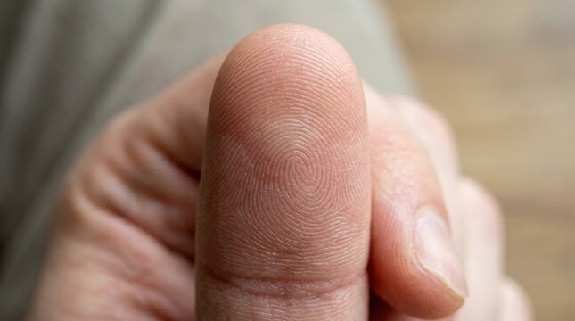 Macro view of a human thumb fingerprint identifying unique patterns and biometric identification
