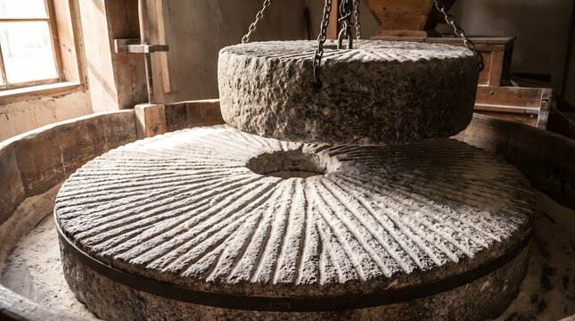 Traditional millstones grinding grain in historic flour mill