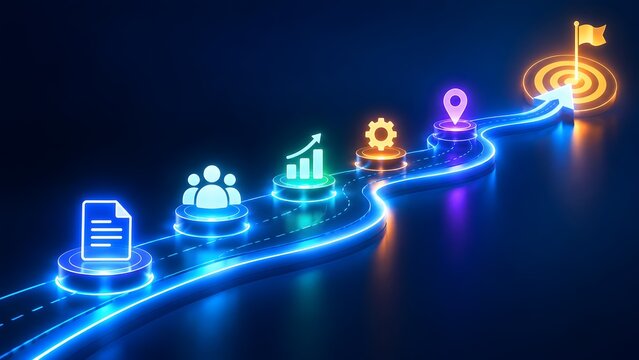 Digital neon roadmap concept illustrating business progress steps leading directly into a glowing target board with an arrow