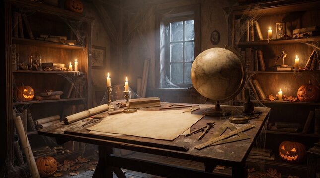 Antique Mapmaker Workspace with Illuminated Candles Globe, and Halloween Pumpkins