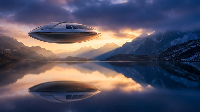 Futuristic flying saucer hovering over a mountain lake at sunset