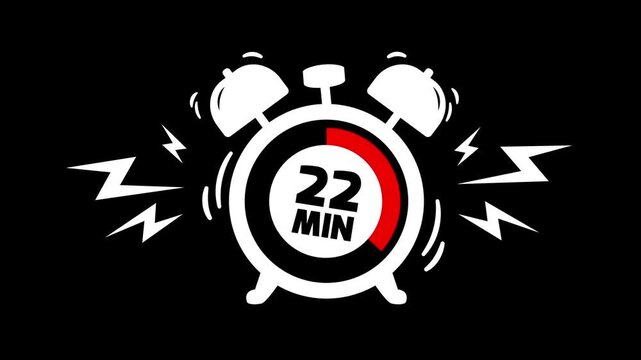 22 min clock icon animation on black background. Timer 22 minutes countdown with alarm clock animation. alarm Clock with 22 minute and circular arrows timer animation. 22 minute timer animation.