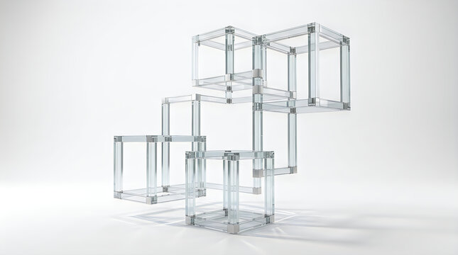 Abstract structure of interconnected glass cubes isolated on white background